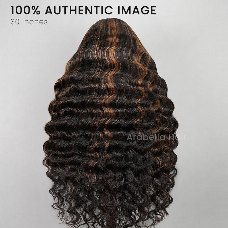Arabella 13x4 Frontal Lace Auburn Highlights on Black Hair Loose Deep Wave Wig Invisible Knots Realistic Hairline