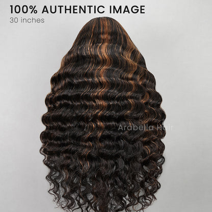 Arabella 13x4 Frontal Lace Auburn Highlights on Black Hair Loose Deep Wave Wig Invisible Knots Realistic Hairline
