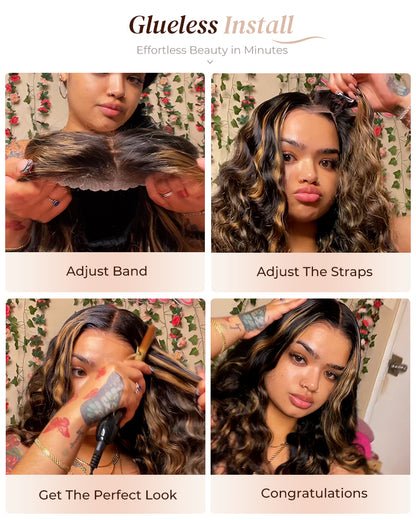 Arabella 6x5 invisible knots Glueless Auburn Highlights on Black Hair Loose Deep Wave Wig Pre-cut Lace