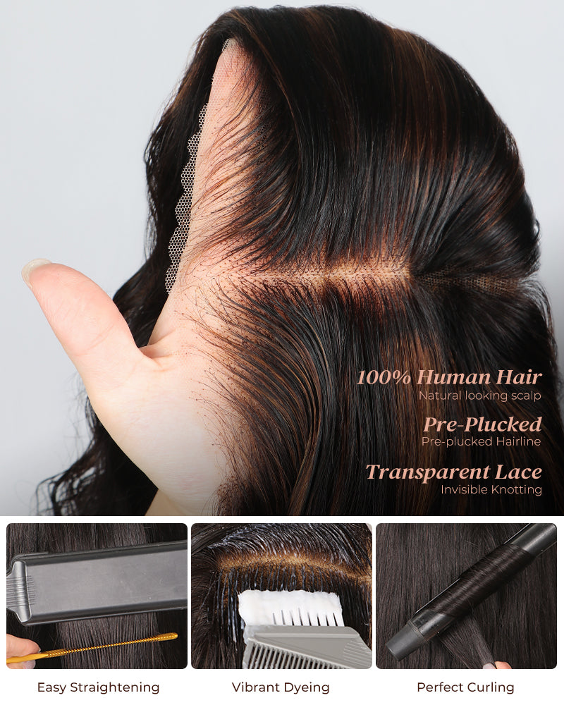 Arabella 360 Full Lace Glueless Auburn Highlights on Black Hair Body Wave Wig Invisi Drawstring Pull &amp; Go