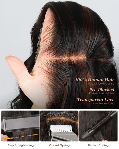 Arabella 360 Full Lace Glueless Auburn Highlights on Black Hair Body Wave Wig Invisi Drawstring Pull &amp; Go