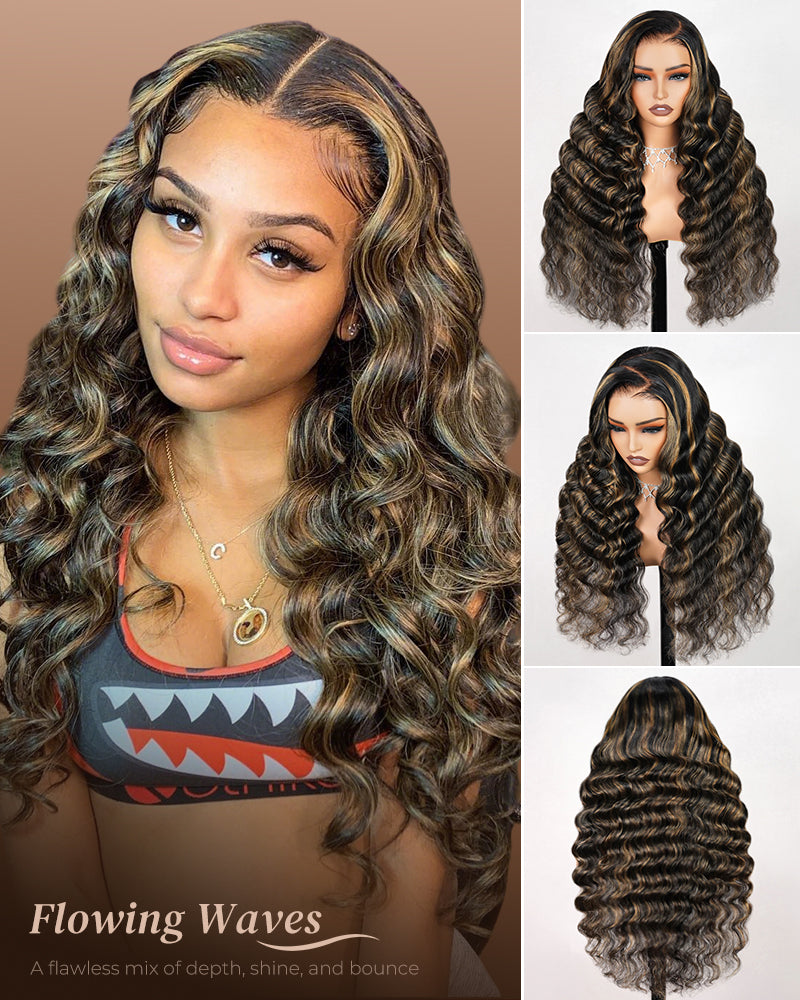 Arabella 6x5 invisible knots Glueless Balayage Highlight Colored Wig Loose Deep Wave Wig Pre-cut Lace Beginner Friendly