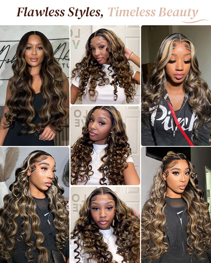 Arabella 6x5 invisible knots Glueless Balayage Highlight Colored Wig Loose Deep Wave Wig Pre-cut Lace Beginner Friendly