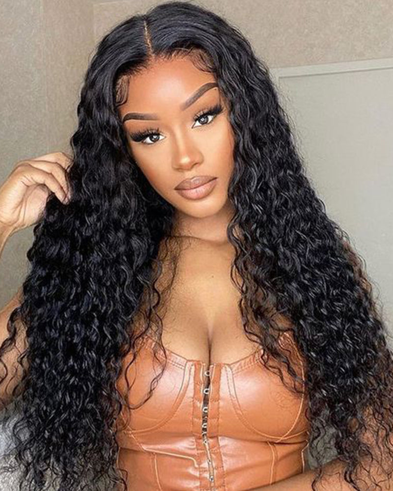 Water Wave Natural Black T-Part Lace Front Human Hair Wigs