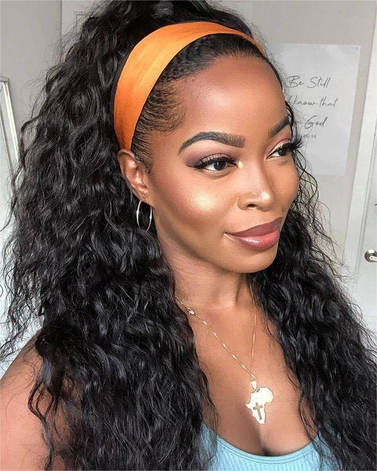 Woman Wearing Water Wave Headband Hair Wig