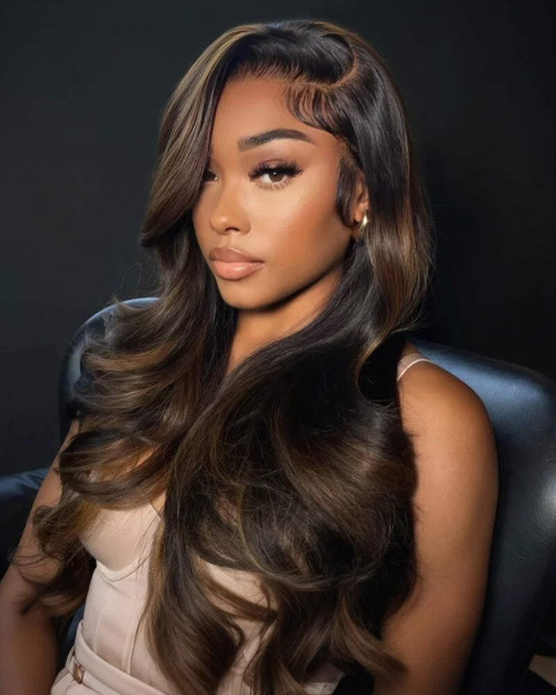 Arabella 360 Full Lace Glueless Auburn Highlights on Black Hair Body Wave Wig Invisi Drawstring Pull &amp; Go