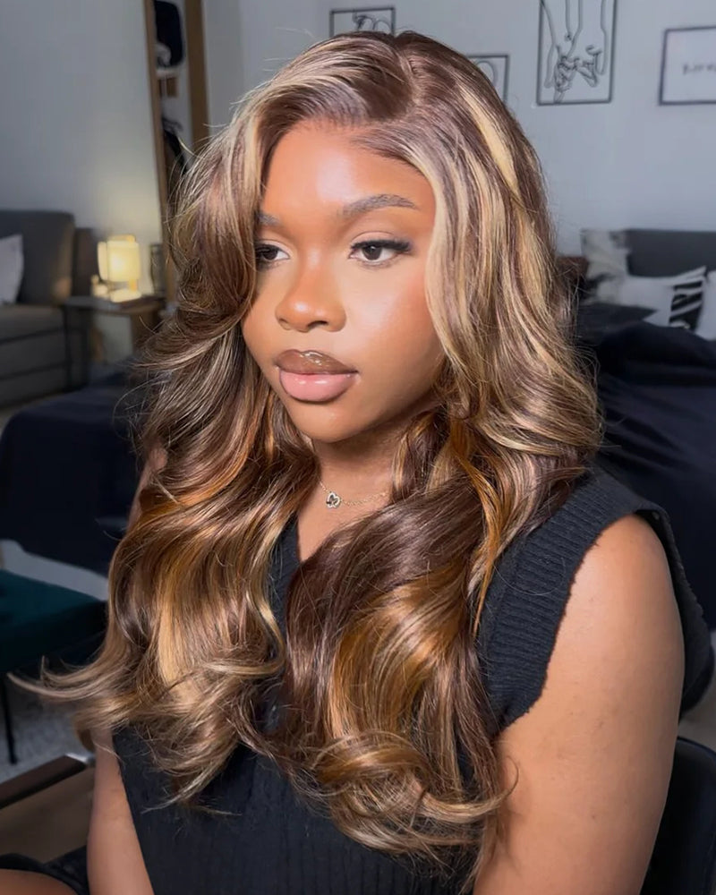 Arabella 6x5 Invisible Knots Glueless Brown Ombre Highlights Loose Body Wave Wig Pre-cut Lace Beginner Friendly