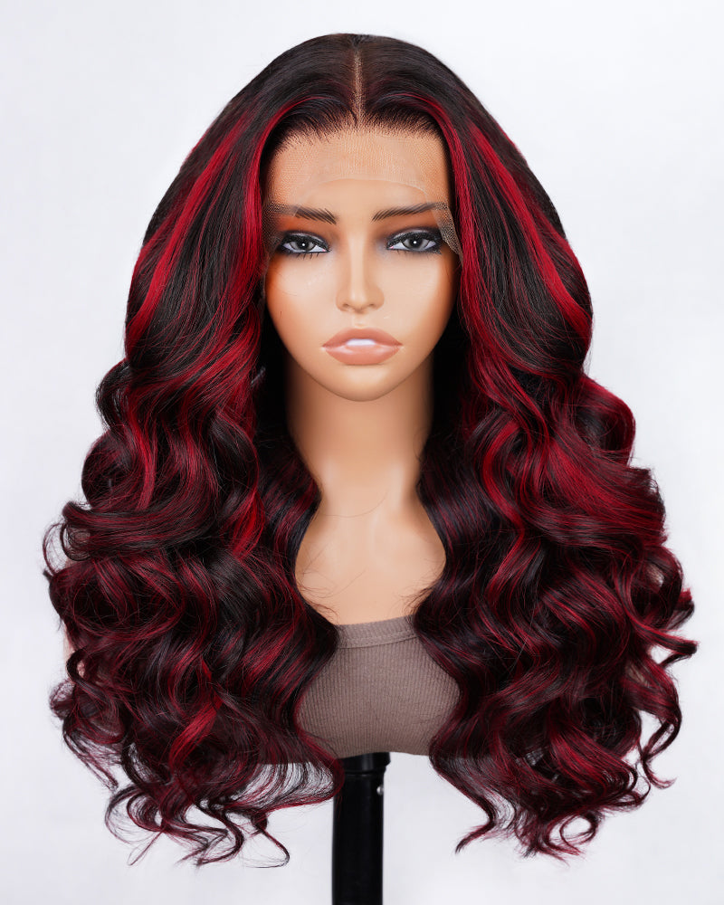 Dark Burgundy Rose Red Highlights Colored Body Wave 13x4 Lace Front Human Hair Wig