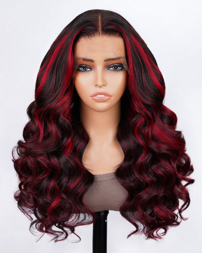 Dark Burgundy Rose Red Highlights Colored Body Wave 13x4 Lace Front Human Hair Wig