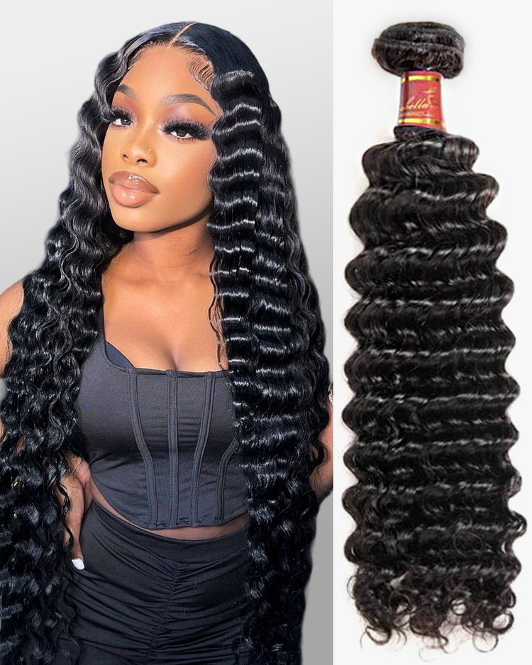 {12A 1Pc} Deep Wave Unprocessed Virgin Brazilian 1 Piece 12A Grade Hair Bundle Human Hair Extensions