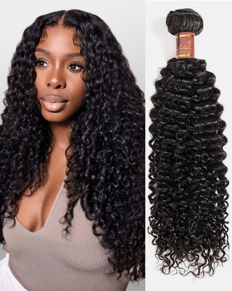 Woman with Jerry Curly Next to A Bundle of Black Hair Extensions