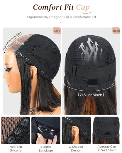 Arabella 6x5/6x6/13x4 Lace Glueless Auburn Highlights on Black Hair Straight Bob Wig Pre-cut Lace Beginner Friendly