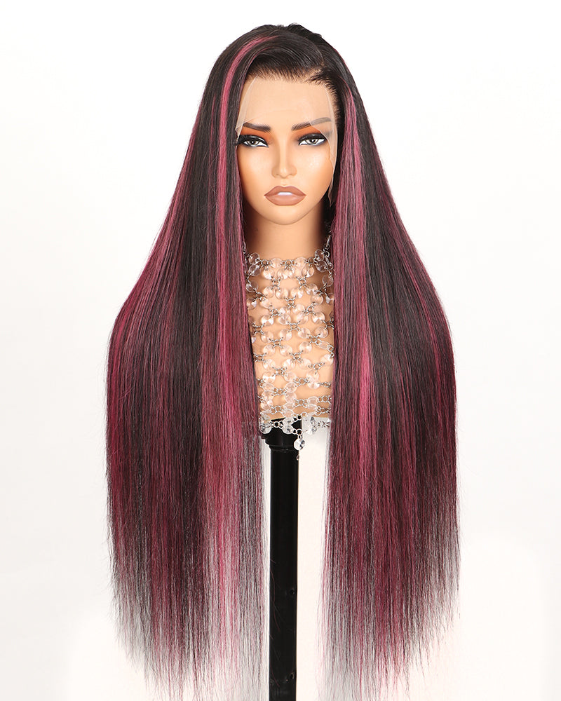 Arabella 13x4 Frontal Lace Purple Highlight Straight Wig Invisible Knots Realistic Hairline