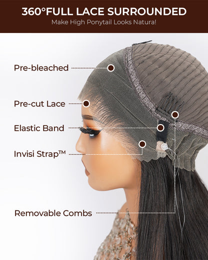 Arabella 360 Full Lace Glueless Auburn Highlights on Black Hair Body Wave Wig Invisi Drawstring Pull &amp; Go