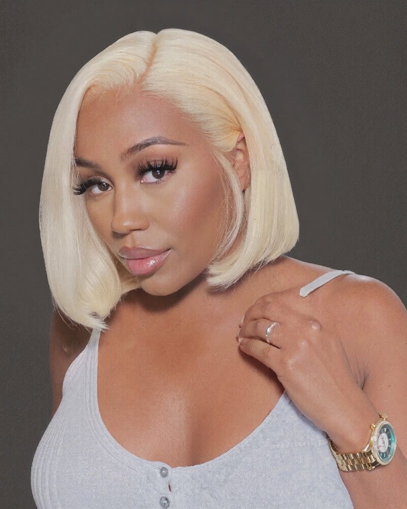 Arabella 6x5 Invisible Knots Glueless &amp; 13x4 Frontal Lace Straight Bob Wig Pre-cut Lace 613 Blonde Beginner Friendly