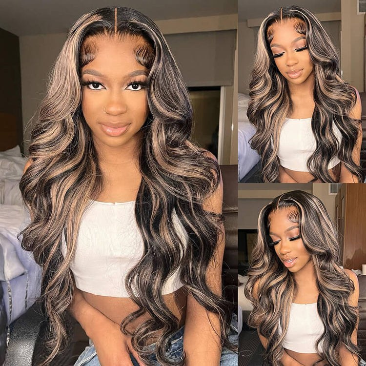 【BOGO】13x4 Glueless Lace Front Balayage Highlights Colored Body Wave Human Hair Wigs