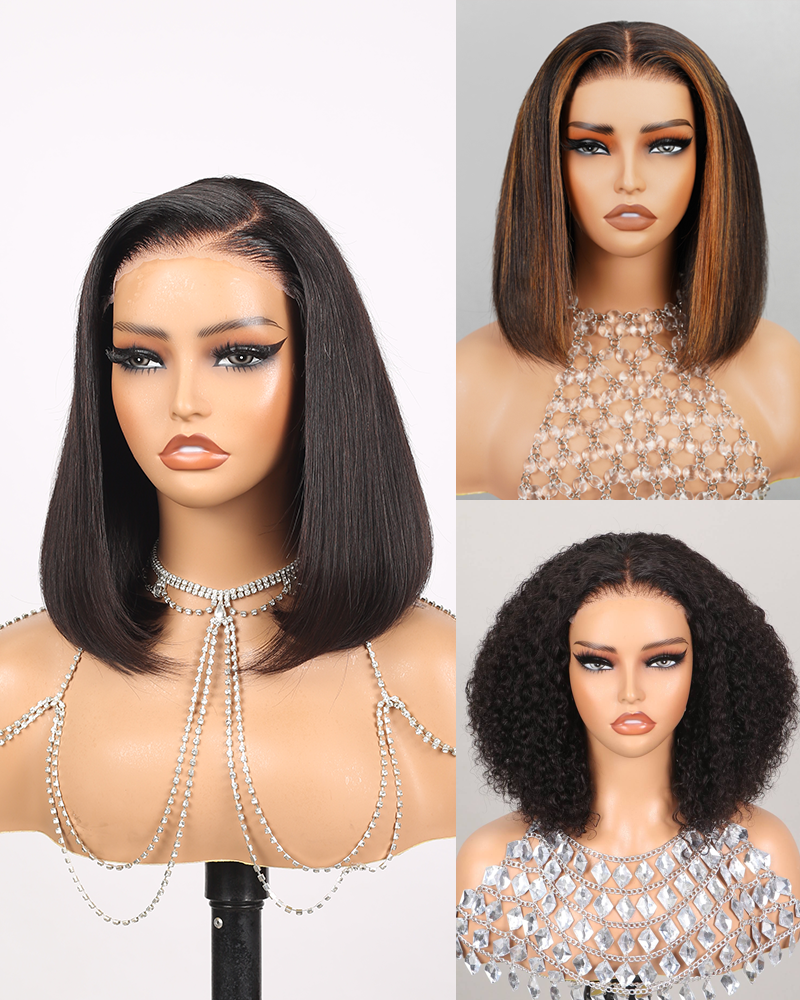 Arabella $59 Final Deal Price 6x6 T-part Lace Glueless Auburn Highlights on Black Hair/Natural Black Straight/Jerry Curly Bob Wig