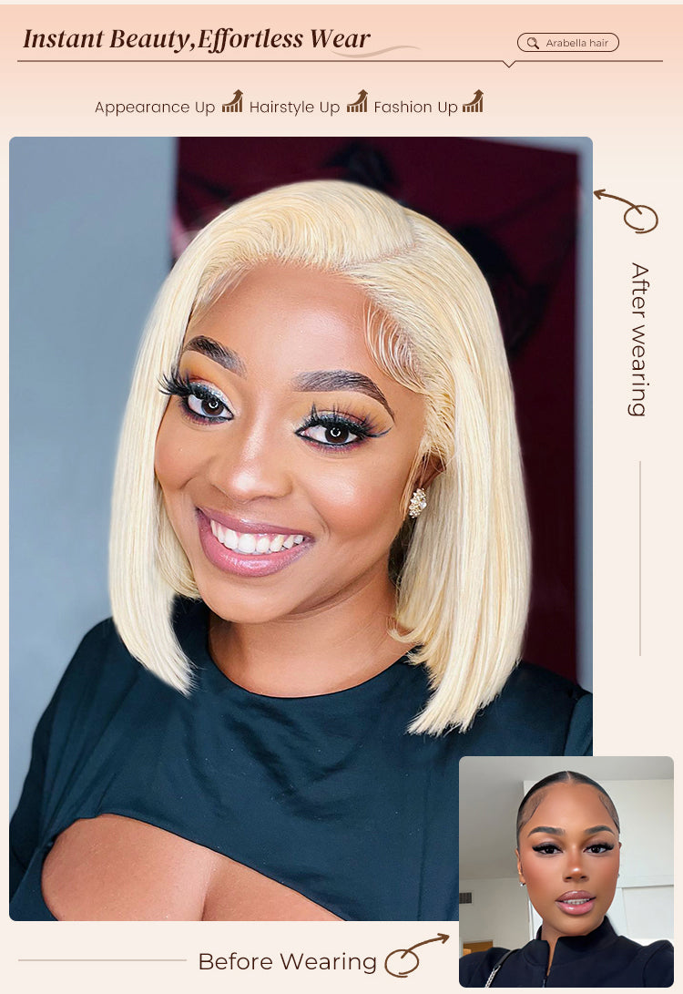 Before and After Woman Wearing Blonde Straight Bob Wig
