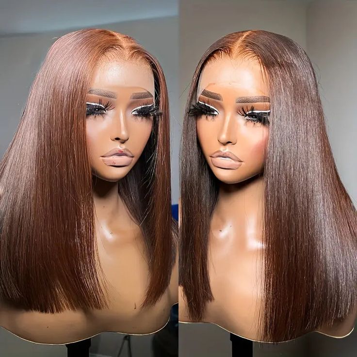 Chestnut Brown Straight Short Bob 13x4 Lace Front Human Hair Wig