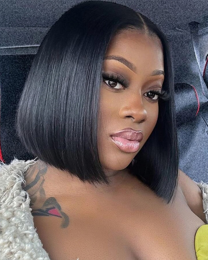 Arabella 6x5 Invisible Knots Glueless &amp; 13x4 Frontal Lace Straight Bob Wig Pre-cut Lace Natural Black Beginner Friendly