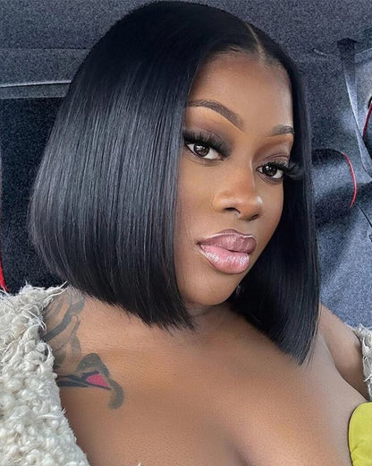 Arabella 6x5 Invisible Knots Glueless &amp; 13x4 Frontal Lace Straight Bob Wig Pre-cut Lace Natural Black Beginner Friendly