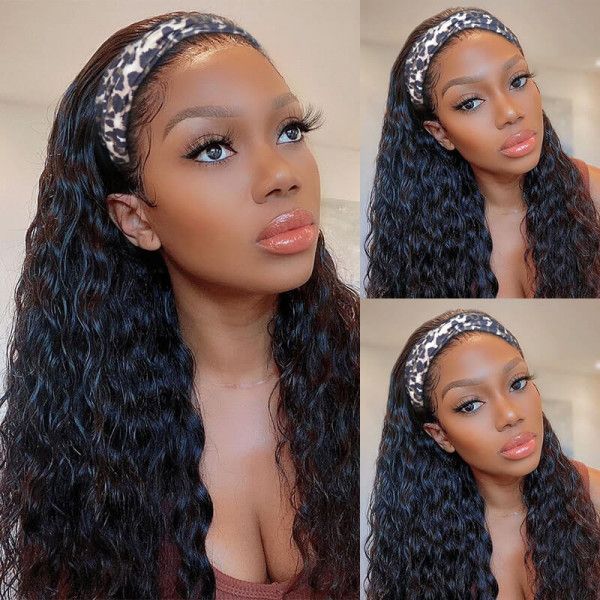 【BOGO】Water Wave Natural Black Wig Easy Wear Glueless Headband Human Hair Wig