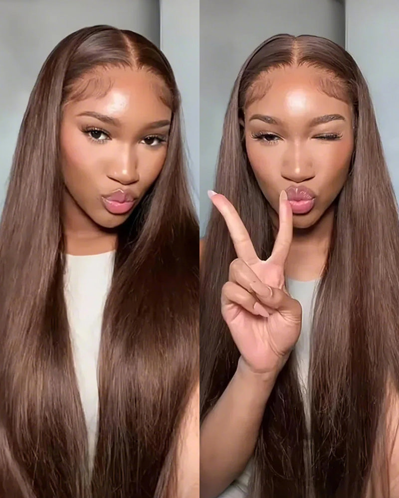 Arabella 13x4 Frontal Lace &amp; 6x5 Invisible Knots Glueless Chocolate Brown Body Wave/Silky Straight Wig Invisible Knots Realistic Hairline
