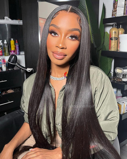 Arabella 6x5 Invisible Knots Glueless &amp; 13x4 Frontal Lace Silky Straight Wig Pre-cut Lace Natural Black Beginner Friendly