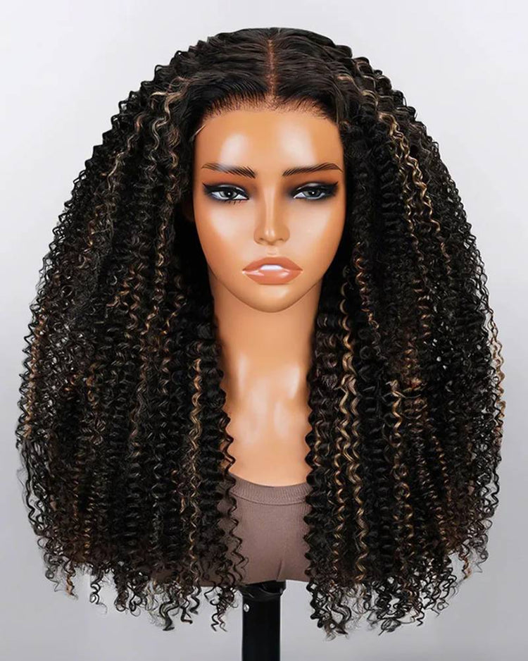 Arabella 6x5 invisible knots Glueless Honey Blonde Highlights On Black Kinky Curly Wig Pre-cut Lace Beginner Friendly