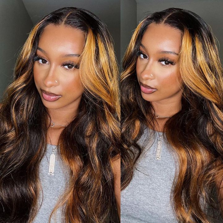 Arabella 360 Full Lace Glueless Auburn Highlights on Black Hair Body Wave Wig Invisi Drawstring Pull &amp; Go