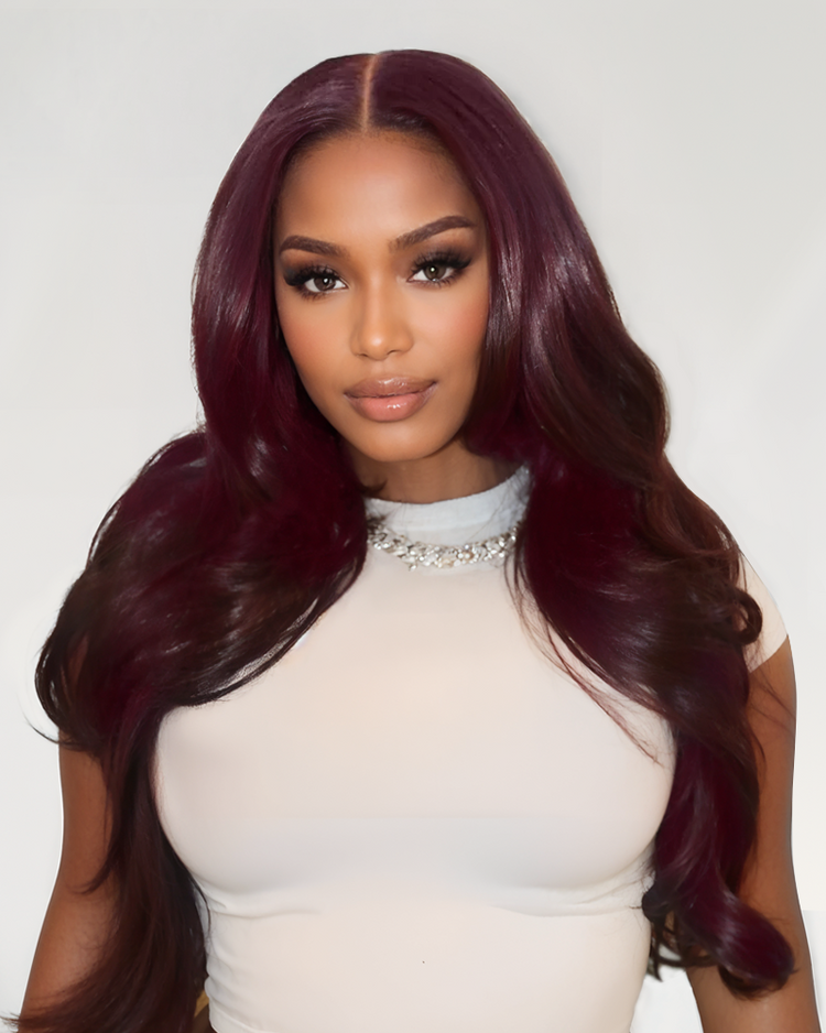 Arabella 13x6/6x5 Glueless Wig Dark Plum Body Wave Wig Invisible Knots Realistic Hairline