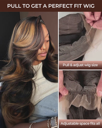 Arabella 360 Full Lace Glueless Auburn Highlights on Black Hair Body Wave Wig Invisi Drawstring Pull &amp; Go