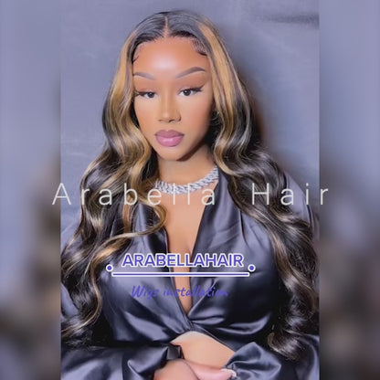 Arabella 13x4 Frontal Lace Auburn Highlights on Black Hair Body Wave Wig Invisible Knots Realistic Hairline