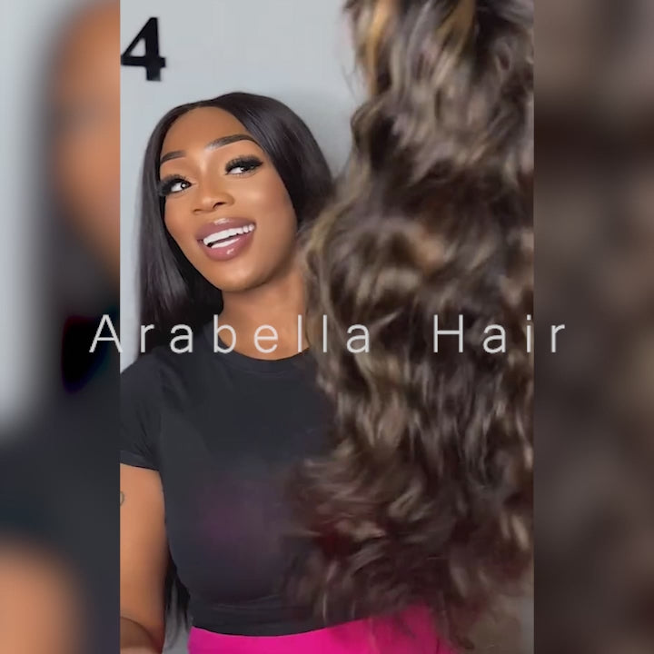 Arabella 13x4 Frontal Lace &amp; 6x5 Invisible Knots Glueless Balayage Highlight Body Wave/Silky Straight Wig Invisible Knots Realistic Hairline