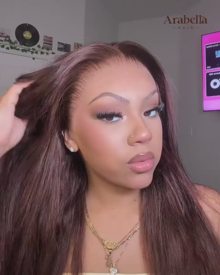 Load video: 13x6 invisible hd lace chocolate brown glueless silky straight human hair wig with multiple styling options