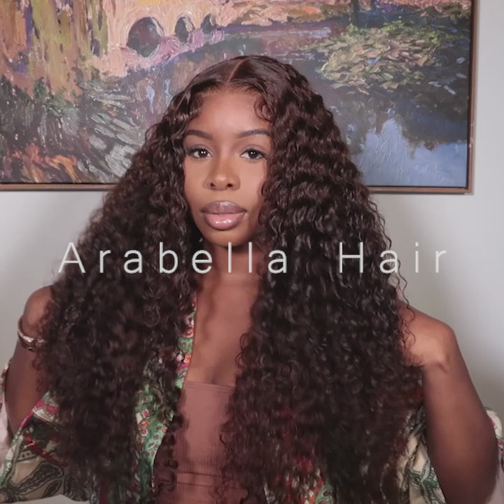Arabella 13x4 Frontal Lace &amp; 6x5 Invisible Knots Glueless Chocolate Brown Water Wave Wig Invisible Knots Realistic Hairline