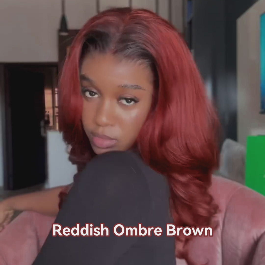 Ombre Brown Wig with Reddish Brown Loose Body Wave Glueless 6-Inch Deep Lace Middle Part Human Hair