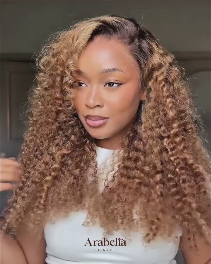 Arabella 13x6 Three-Go™ Ombre Highlight Honey Blonde Glueless Wig Jerry Curly with Burmese Curly With Drawstring 100% Human Hair Wig