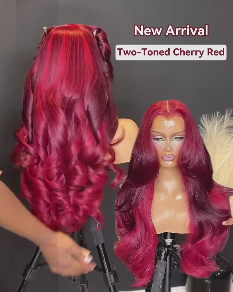 Arabella 13x4 Frontal Lace Cherry Red Ombre 99J39J Colored Wig Loose Body Wave Wig Invisible Knots Realistic Hairline