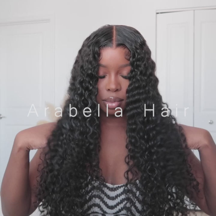 Arabella 6x5 Invisible Knots Glueless &amp; 13x4 Frontal Lace Deep Wave Wig Pre-cut Lace Natural Black Beginner Friendly