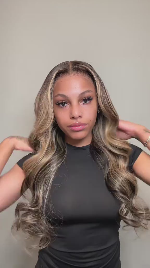 Arabella Honey Blonde Highlighted Balayage 13x6 Glueless Wig Dark Roots Loose Body Wave 100% Human Hair Pre-Cut Beginner Friendly Lace Frontal Wig
