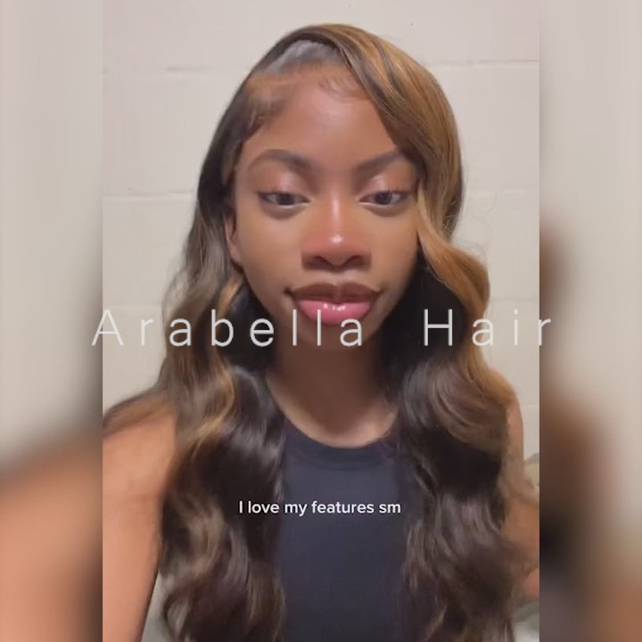 Arabella 13x4 Frontal Lace Auburn Highlights on Black Hair Body Wave Wig Invisible Knots Realistic Hairline