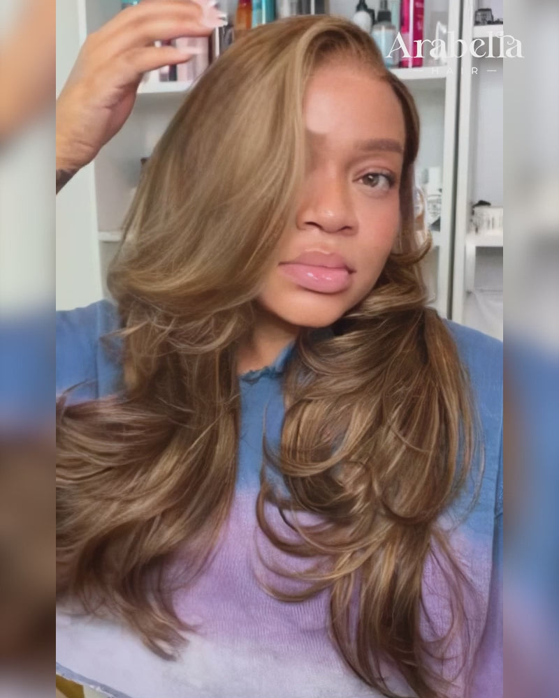Arabella 13x4/6x5 Lace Honey Blonde Highlights On Brown Wig Body Wave Wig Invisible Knots Realistic Hairline