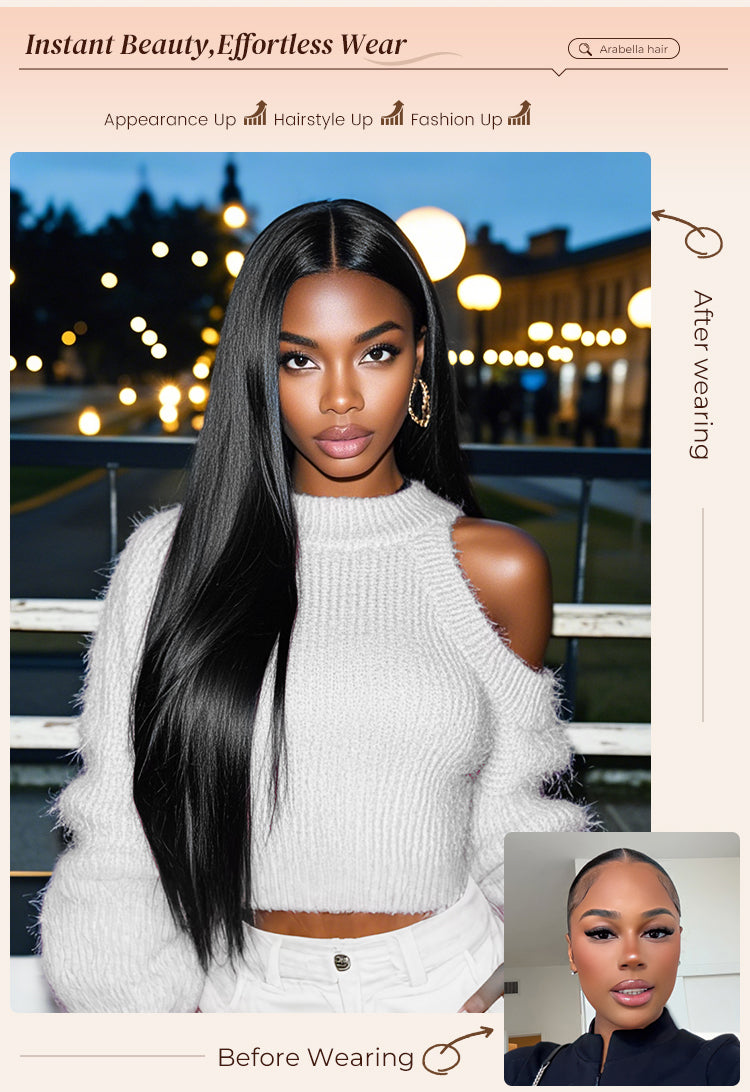 Before and After Wearing Straight Wig on Woman