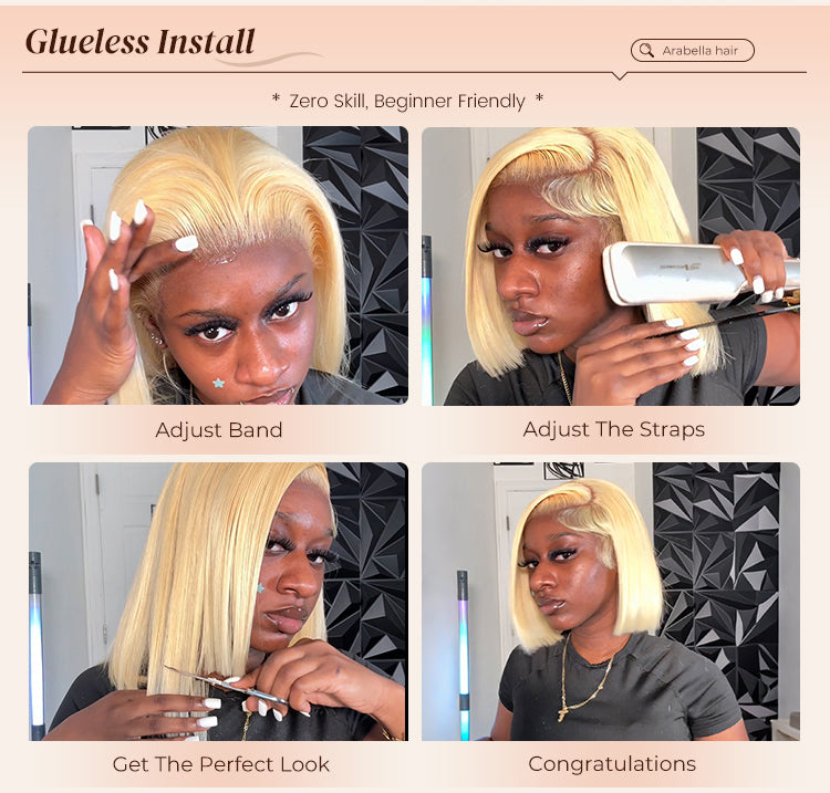 Woman Showing How to Wear Blonde Straight Bob Wig