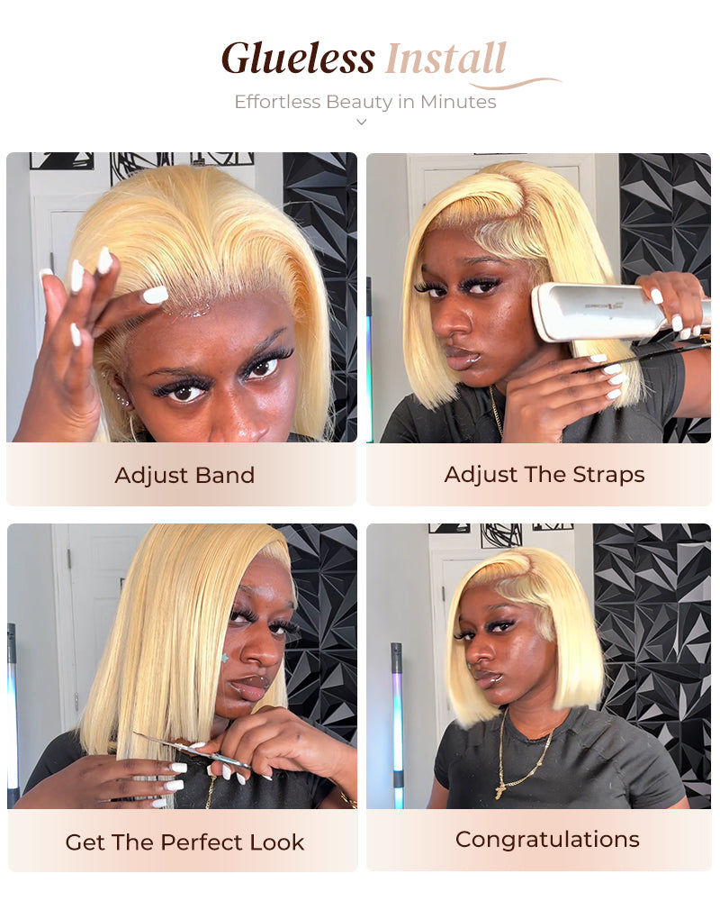 Arabella 6x5 Invisible Knots Glueless &amp; 13x4 Frontal Lace Straight Bob Wig Pre-cut Lace 613 Blonde Beginner Friendly