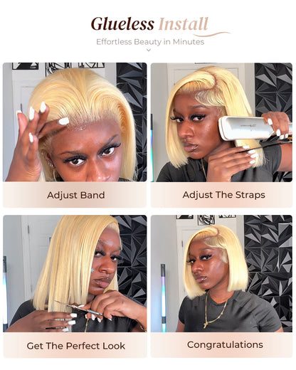 Arabella 6x5 Invisible Knots Glueless &amp; 13x4 Frontal Lace Straight Bob Wig Pre-cut Lace 613 Blonde Beginner Friendly