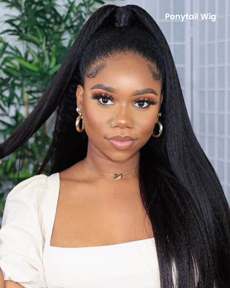 Arabella 3 In 1 Half Wig Glueless Yaki Straight Wig Invisi Drawstring Natural Black Endless Protective Styles