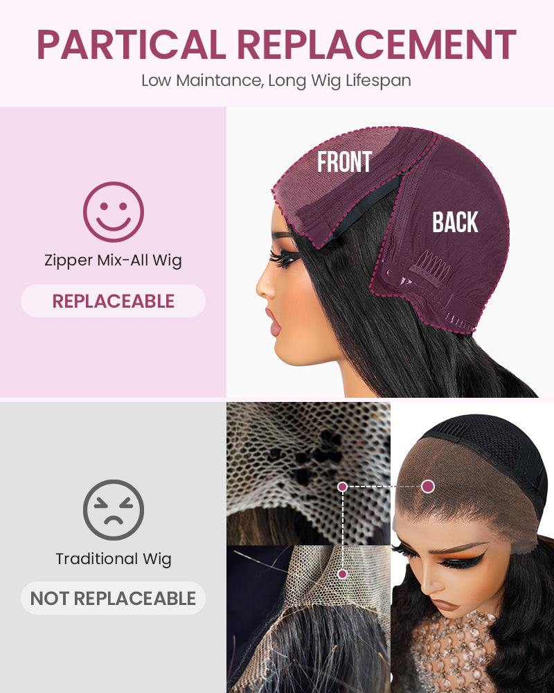 [VIP EXCLUSIVE] ZIP &amp; Mix-All Wigs | Body Wave Natural Black Glueless 6x5 Pre-Cut Lace Wig With Optional Replaceable Tops