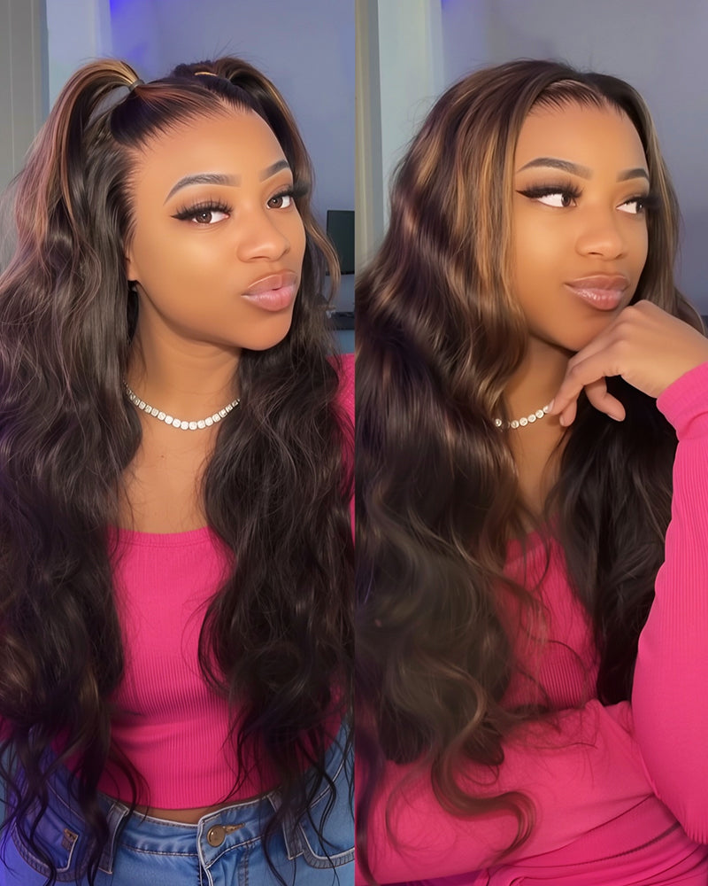 Arabella 13x4/6x5 Lace Glueless Auburn Highlights on Black Hair Body Wave Wig Invisible Knots Realistic Hairline